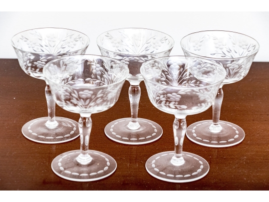 Set Of Six Elegant Etched Glass Champagne Coupes