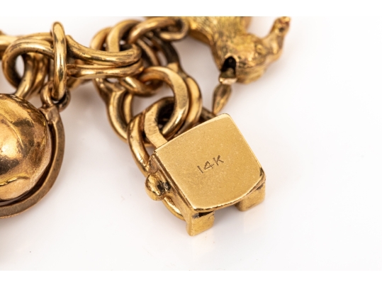 14k Yellow Gold Fabulous Vintage Travel Motif Charm Bracelet, With 14k, 10k And 9k Assorted Charms