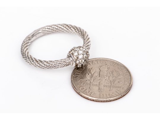 18k White Gold Lovely Cable And Pave Diamond Ball Ring, App. 0.18 TCW, Size 6
