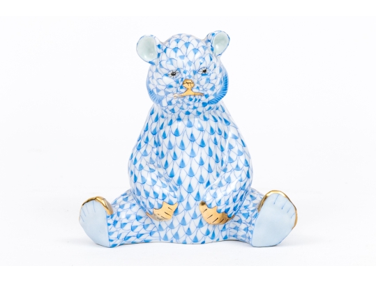 Herend Hungary Hand-Painted Porcelain Sitting Bear, Blue Fishnet Pattern