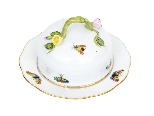 Herend Hungary Hand-Painted Porcelain Covered Butter Dish, Rothschild Bird (RO) Pattern