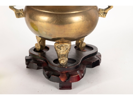 Chinese Brass Censer With Dragon Handles And Mythical Beast Finial