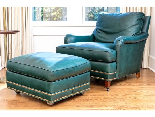Hancock & Moore Green Leather Upholstered Club Chair With Ottoman