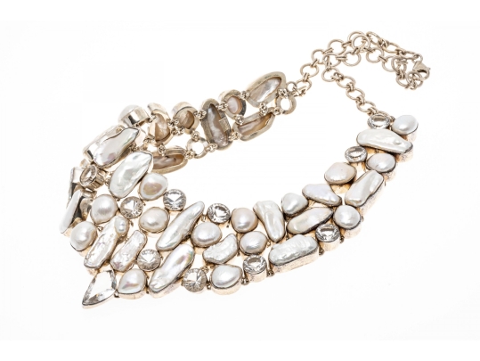 Impressive Sterling Buroque Pearl And Quartz Festooned Necklace
