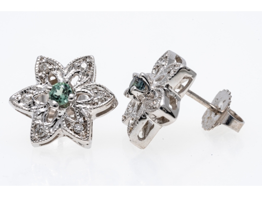 14K White Gold Cluster Earrings Green Spinel And White Zirconia