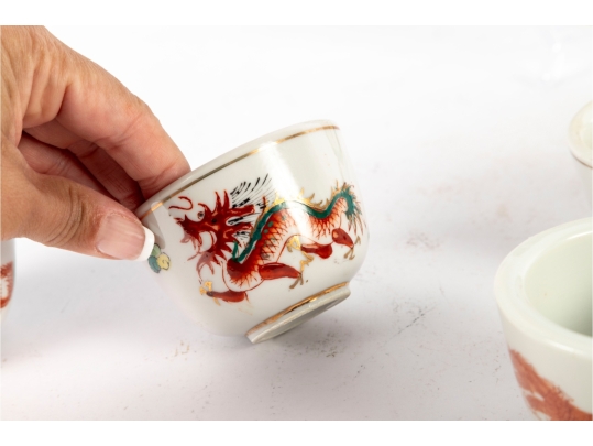 Chinese Porcelain Dragon And Phoenix Plate With Eight Tea Cups