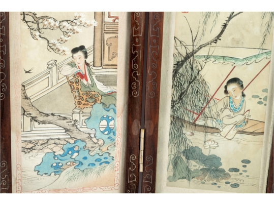 Vintage Chinese Folding Table Screen With Hand-Painted Scenes