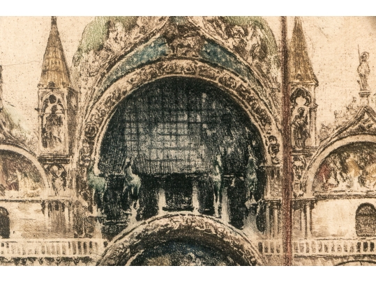 J. Wolf, Signed Hand Colored Etching, St. Mark's Basilica, Piazza San Marco Venice 