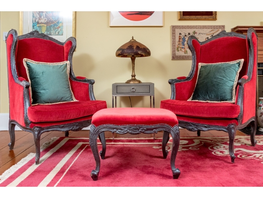 Pair Of Custom Upholstered Queen Anne Style Armchairs With Associated Ottoman