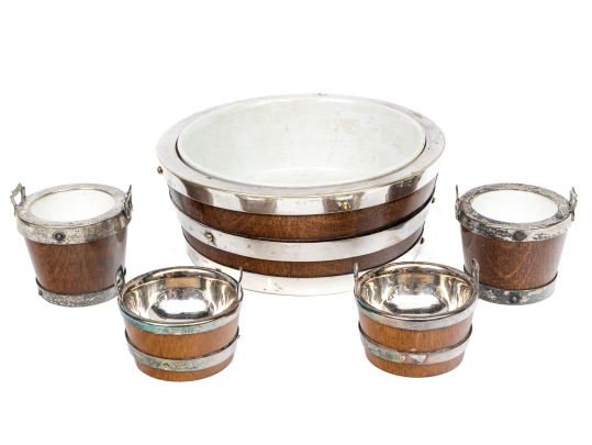 Five Piece Antique English Oak And Silverplate Salt And Condiment Set