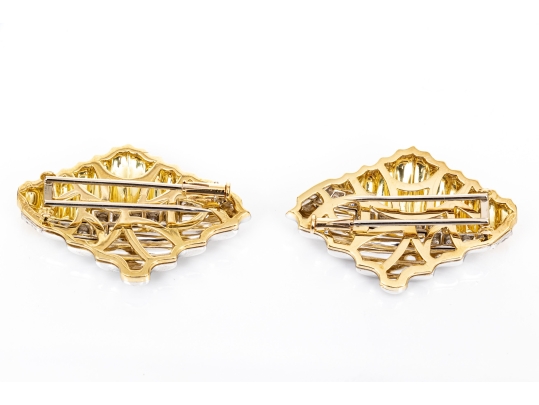 Michael Bondanza Platinum, 18k And Diamond Pair Of Opposing Deco Style Brooches, App. 1.20 TCW