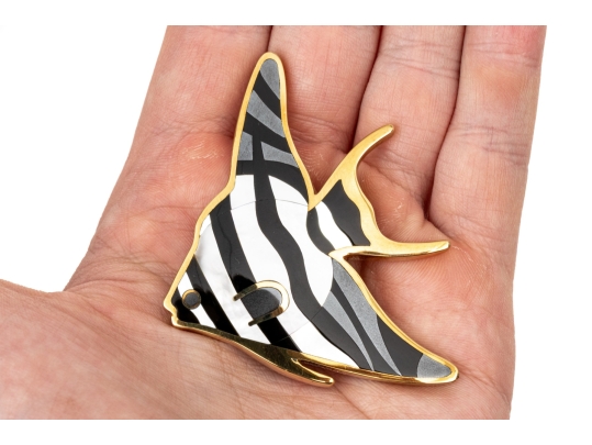 Tiffany & Co. 18k Yellow Gold Angela Cummings Stunning Inlaid Angel Fish Brooch, With Box