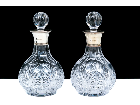 Pair Of English Sterling Silver Collared Cut Crystal Decanters Or Perfumes