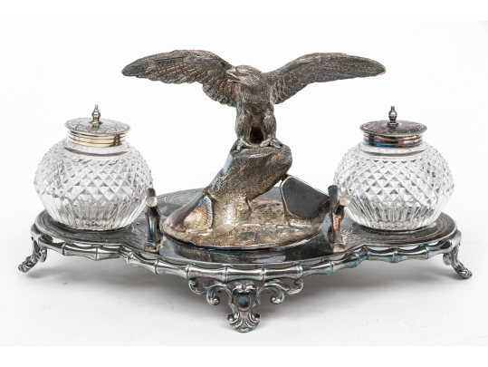 English Silver Plated Inkwell With Two Crystal Inkwells