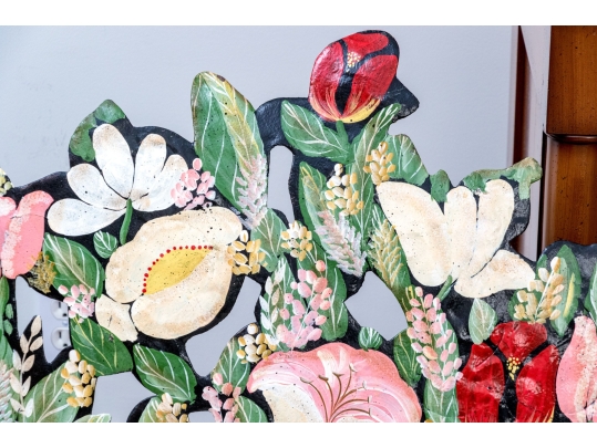 Antique Whimsical Hand-painted Tole Floral Bouquet Form Easel Back Fire Screen