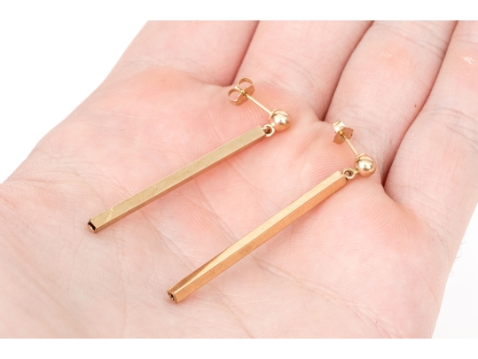 10k Yellow Gold Contemporary Ball And Bar Drop Pendant Style Earrings