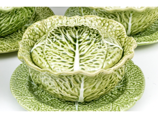 Set Of Twelve Portuguese Bordallo Pinheiro Hand-painted Cabbage Form Tureens With Underplates