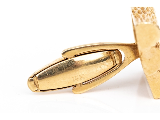 14k Yellow Gold Vintage Brutalist Motif Lozenge Shaped Lever Back Cufflinks
