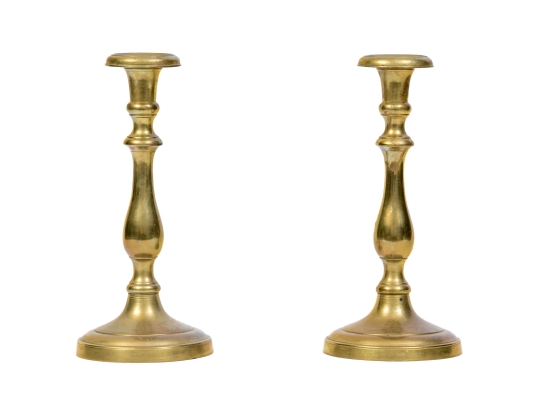 Pair Of Antique Brass Candlesticks, 18th C. 