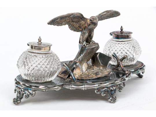 English Silver Plated Inkwell With Two Crystal Inkwells