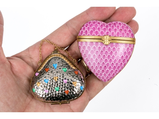 Two Gorgeous French Limoges Enameled Heart Form Pill Boxes