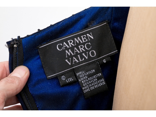 Carmen Marco Valvo Elegant Black And Blue Beaded Evening Dress, Size 6