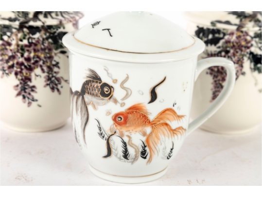 Grouping Of Three Chinese Porcelain Lidded Tea Mugs