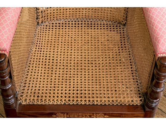 Mahogany And Cane Custom Upholstered Accent Armchair
