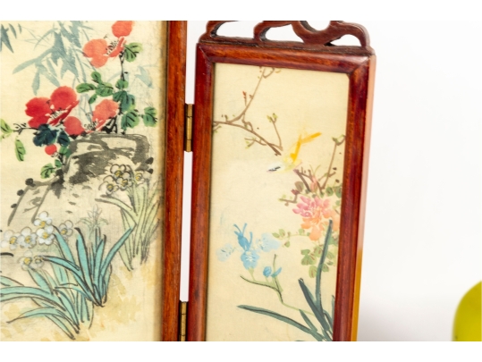 Miniature Chinese Hand-Painted Silk Folding Table Screen