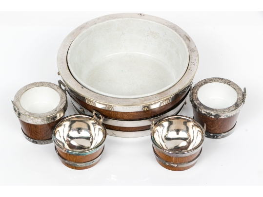 Five Piece Antique English Oak And Silverplate Salt And Condiment Set