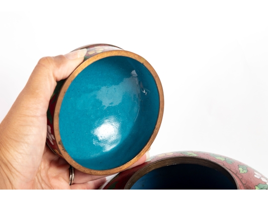 Pair Of Chinese Cloisonné Red Lidded Ginger Jars With Floral Motifs