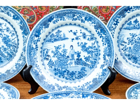 Set Of Seven Antique Chinese Export Blue And White Canton Pattern Porcelain Plates