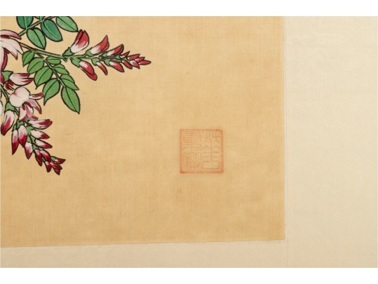 Framed Asian Painting On Silk Of Blue Jays And Blossoms