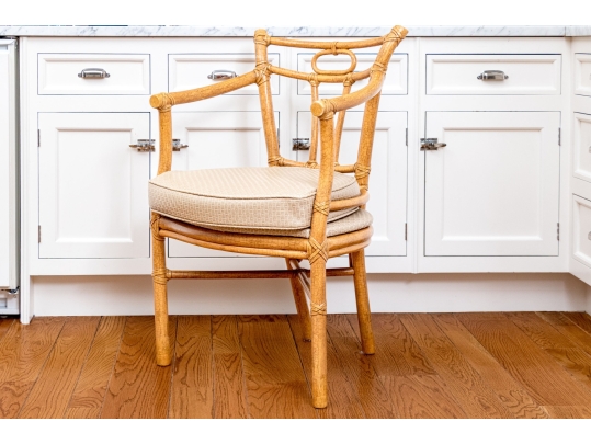 Vintage McGuire Bamboo And Rattan Armchair With Woven Leather Cushion