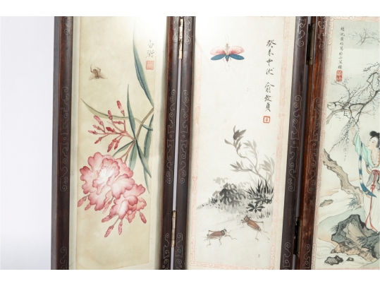 Vintage Chinese Folding Table Screen With Hand-Painted Scenes