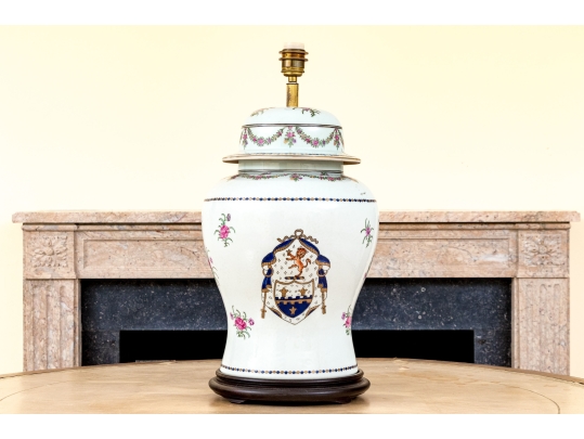 Chinese Export Armorial Style Lidded Porcelain Jar Mounted As A Table Lamp