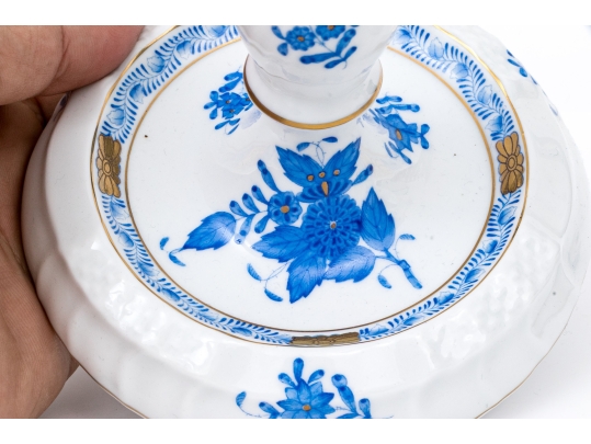 Pair Of Herend Hungary Hand-Painted Porcelain Candlesticks, Blue Chinese Bouquet Pattern