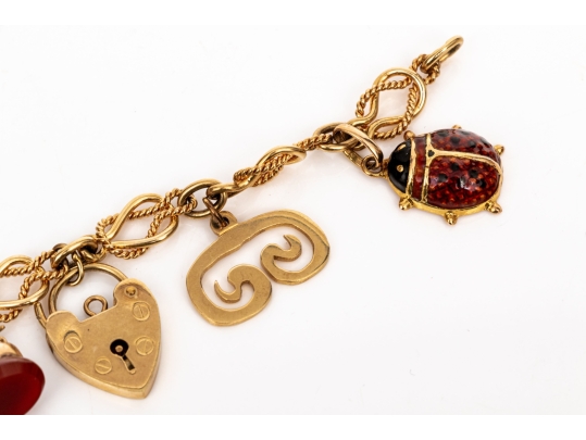 14k Yellow Gold Fun Rope Motif Vintage Charm Bracelet, With 14k And 9k Assorted Charms