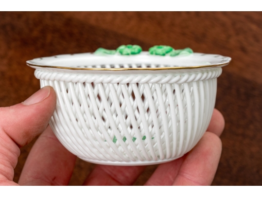 Herend Hungary Hand-Painted Porcelain Reticulated Basket, Green Chinese Bouquet Pattern