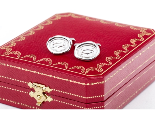 Cartier Sterling Silver Promotional Wax Seal Logo Motif Cufflinks, With Box 