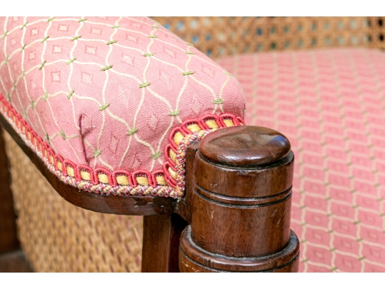 Mahogany And Cane Custom Upholstered Accent Armchair