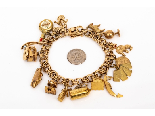 14k Yellow Gold Fabulous Vintage Travel Motif Charm Bracelet, With 14k, 10k And 9k Assorted Charms