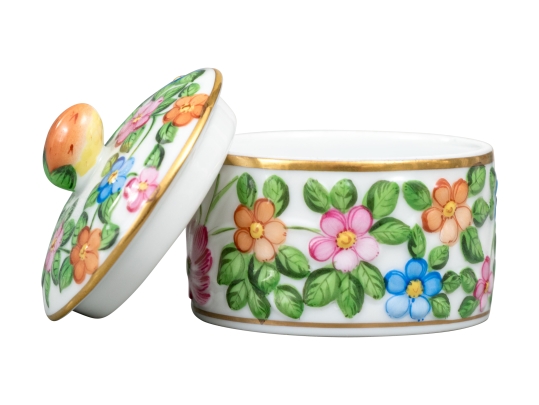 Herend Hungary Hand-Painted Porcelain Small ROund Polychrome Lidded Box