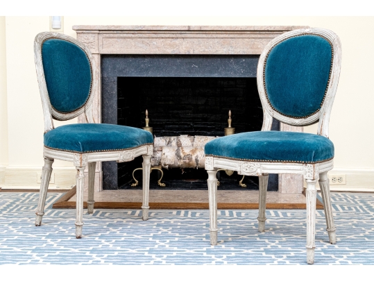 Pair Of Louis XVI Style Custom Upholstered Medallion Back Side Chairs