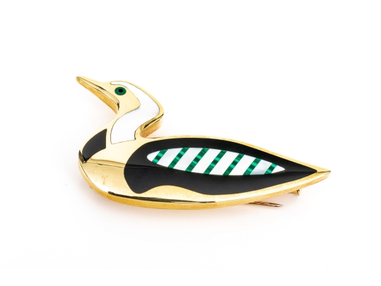 Tiffany & Co. 18k Yellow Gold Angela Cummings Lovely Inlaid Duck Brooch, With Box