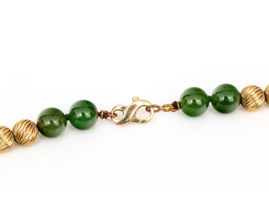 Fabulous Retro Opera Length Nephrite Jade And Corrugated Gold Bead Necklace