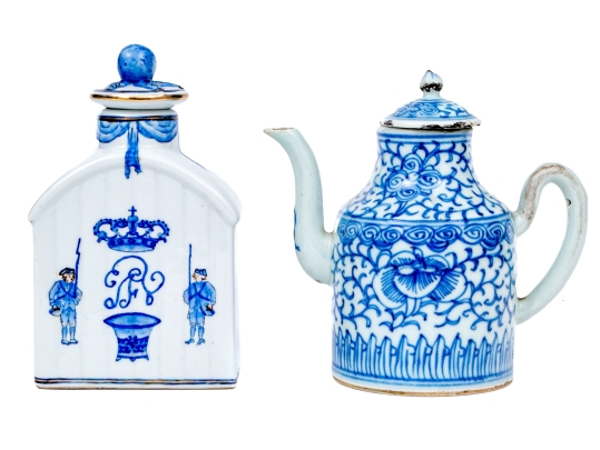 Two Blue And White Porcelain Wares, Including A Lidded Kettle And Lidded Tea Caddy