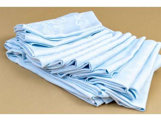 Set Of Eleven Embroidered Linen Napkins And One Tablecloth