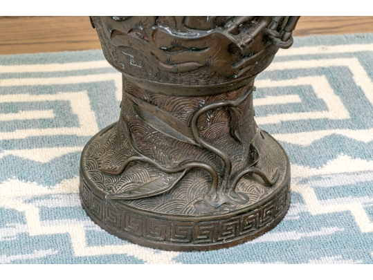 Pair Of Bronze Twin Handled Vases With Topiaries