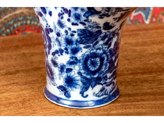 Decorative Chinese Pair Of Blue And White Basket Form Vases